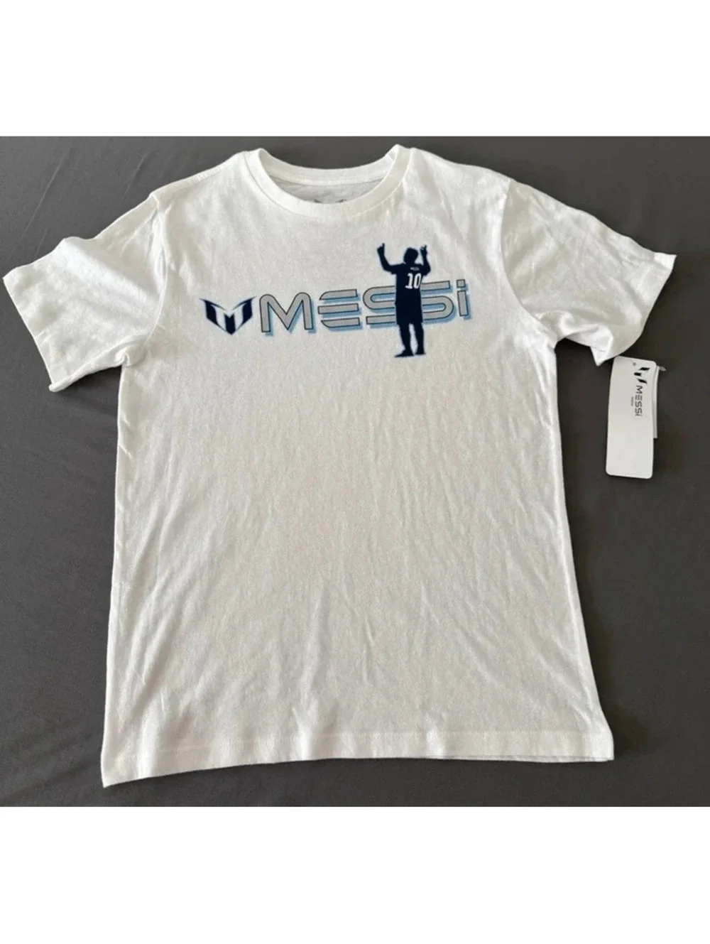 MESSI Youth Large White Graphic Soccer T-Shirt with Blue Logo
